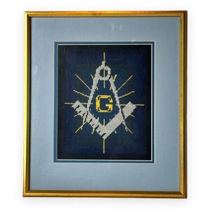Vintage Masonic‎ Lodge Cross Stitch Gold Framed Matted Handmade Needlework